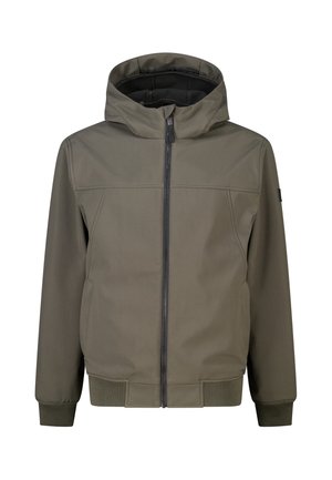 Olijfgroene jas met capuchon, rits aan de voorkant, elastische manchetten en geribde zoom, getoond op een effen witte achtergrond.