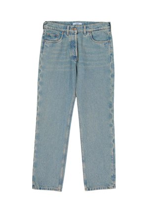 Jasnoniebieskie jeansy typu straight-leg z denimu, zapinane na guzik i zamek, z kieszeniami z przodu i z tyłu oraz szlufkami na pasek.