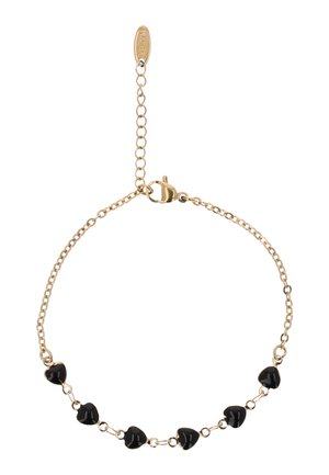 Guld kædearmbånd med seks små sorte hjerteformede perler og en lås med justerbar forlængerkæde.