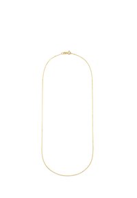 Goldfarbene Kettenhalskette mit zartem, dünnem Design, ausgestattet mit einem einfachen Verschluss und glatter Oberfläche, geeignet zum Schichten oder Einzeltragen.