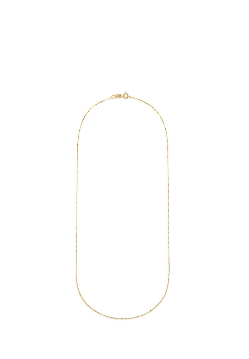 Goldfarbene Kettenhalskette mit zartem, dünnem Design, ausgestattet mit einem einfachen Verschluss und glatter Oberfläche, geeignet zum Schichten oder Einzeltragen.
