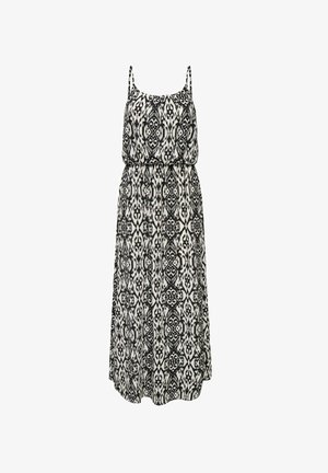 Black and white patterned sleeveless maxi dress with thin straps and elastic waist.