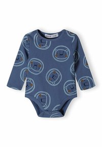 Dugi rukav bodysuit za bebe u plavom rebrastom materijalu s kružnim printovima medvjedića u svijetloplavim i smeškim akcentima. Dugmad za zatvaranje na dnu.