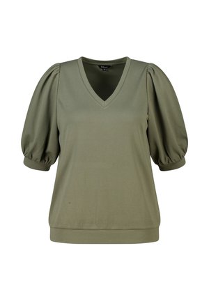 Blouse courte à manches courtes couleur vert olive avec col en V et manches bouffantes resserrées par des poignets élastiques, tissu texturé et ourlet ajusté.