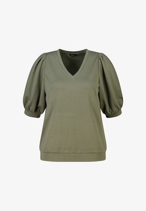 Blouse courte à manches courtes couleur vert olive avec col en V et manches bouffantes resserrées par des poignets élastiques, tissu texturé et ourlet ajusté.