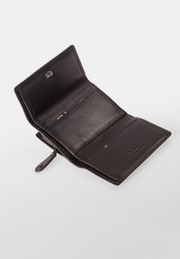 Black leather wallet opens to reveal textured interior with multiple card slots and a zippered pocket, featuring a snap closure and logo detail.