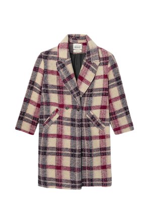 Manteau à carreaux présentant un mélange de crème, bordeaux et bleu foncé. Fait en tissu doux, il possède un col cranté, deux poches frontales et des boutons.