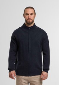 Marineblaue Zip-Pullover mit hohem geripptem Kragen, langen Ärmeln sowie gerippten Bündchen und Saum. Getragen über hellen Hosen.