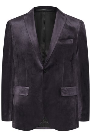 Blazer de terciopelo en púrpura profundo con cierre de un solo botón, solapas de muesca, dos bolsillos frontales y un forro interior negro liso.