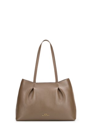 Bolso tote de cuero marrón con dos asas para el hombro y logotipo de la marca Wittchen en letras doradas en el centro frontal.