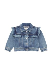 Jeansjacke mit Rüschendetails, hellblauer Farbe, Knopfleiste, langen Ärmeln und klassischem Kragen. Mit gesteppten Akzenten.