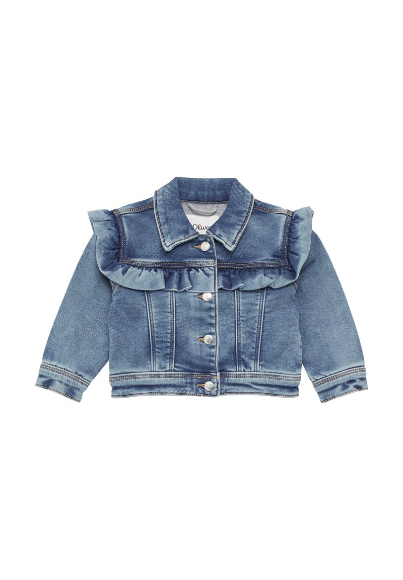 Jeansjacke mit Rüschendetails, hellblauer Farbe, Knopfleiste, langen Ärmeln und klassischem Kragen. Mit gesteppten Akzenten.