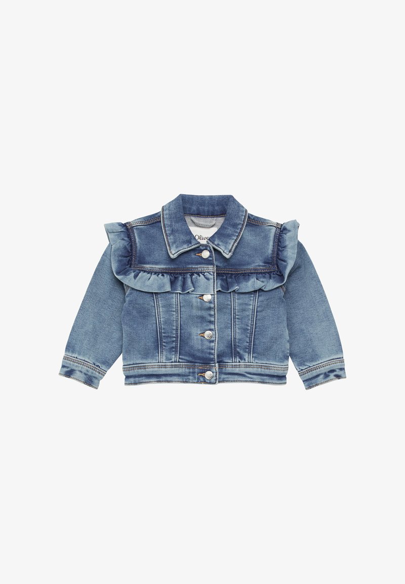 Denimjas met gerimpelde accenten, lichtblauwe kleur, knoopsluiting aan de voorkant, lange mouwen en een klassieke kraag. Voorzien van gestikte details.