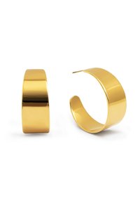 Orecchini a cerchio in oro con finitura lucida, caratterizzati da un design spesso e curvo. Silhouette semplice e moderna senza ulteriori decorazioni.