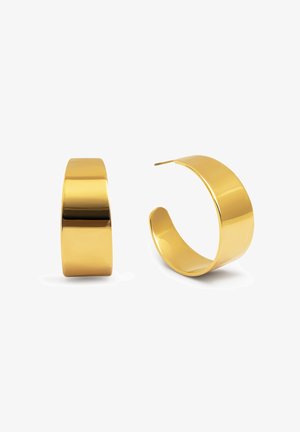 Pendientes de aro de oro con un acabado pulido, que presentan un diseño grueso y curvado. Silueta simple y moderna sin adornos adicionales.