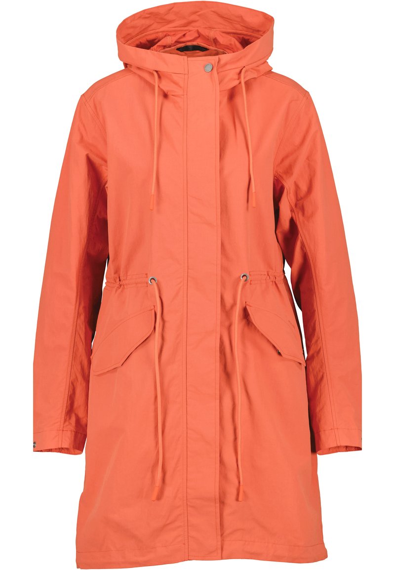 Waterdichte oranje jas met capuchon, trekkoord in de taille en twee voorzakken. Glad textuur en ontwerp tot boven de knie.