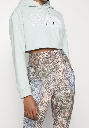 Persoon draagt een lichtblauwe cropped hoodie met "The North Face"-logo en een high-waisted legging met slangenprint, staand tegen een effen achtergrond.