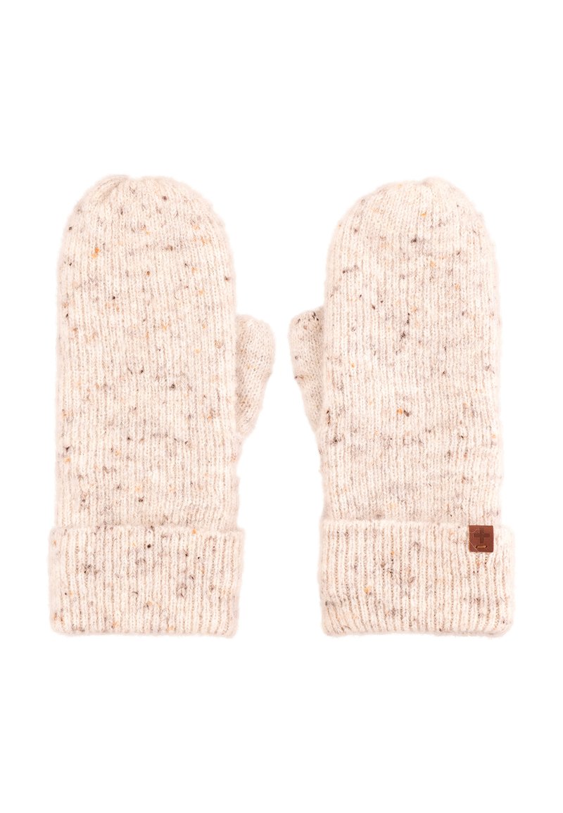 Dziane rękawiczki w kolorze kremowym z nakrapianym wzorem, z prążkowanym mankietem i małą skórzaną naszywką logo z boku. Przytulny i teksturowany design.