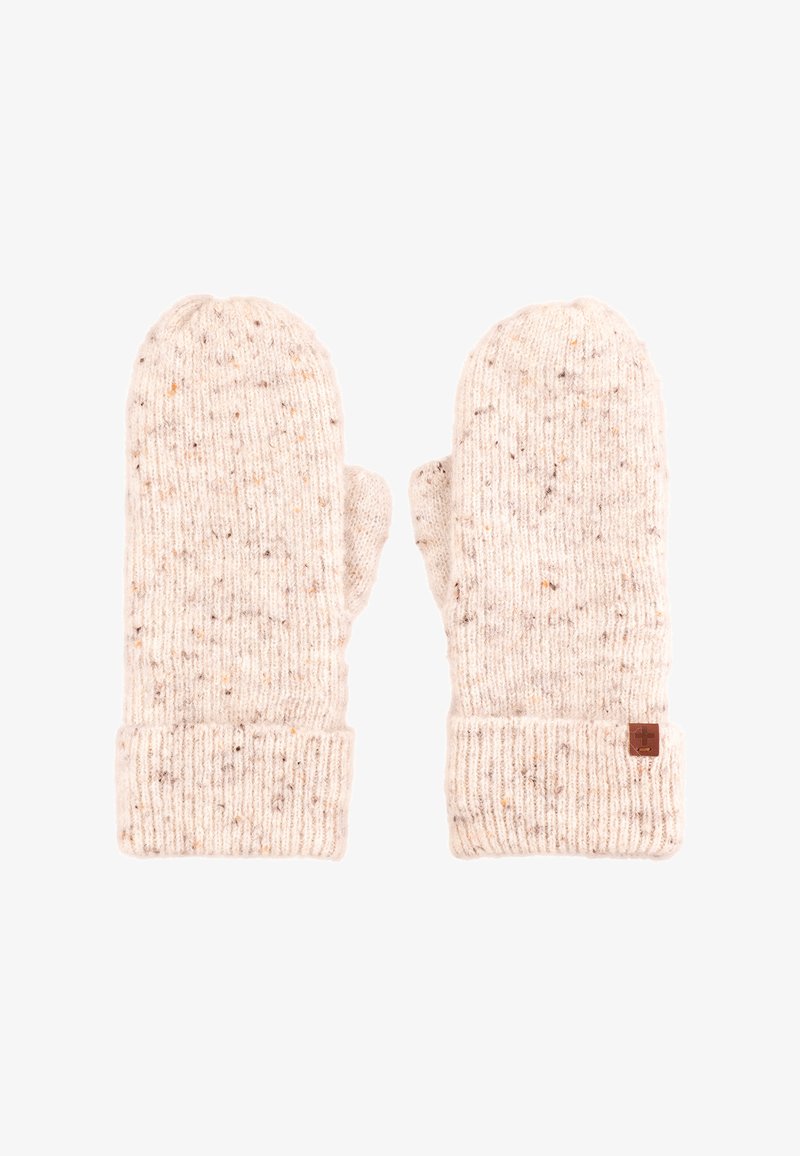 Gebreide wanten in crème kleur met gespikkelde patronen, voorzien van ribgebreide manchet en een klein leren logo op de zijkant. Gezellig en textuurvol ontwerp.