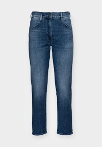 Mørkeblå denimjeans med rett ben, med glidelås, knappelukking og fem lommer. Stoffet har en jevn tekstur.