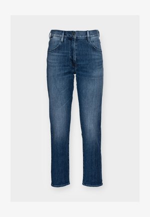 Jeans en denim bleu foncé avec une coupe droite, dotés d'une fermeture éclair, d'un bouton et de cinq poches. Le tissu a une texture lisse.