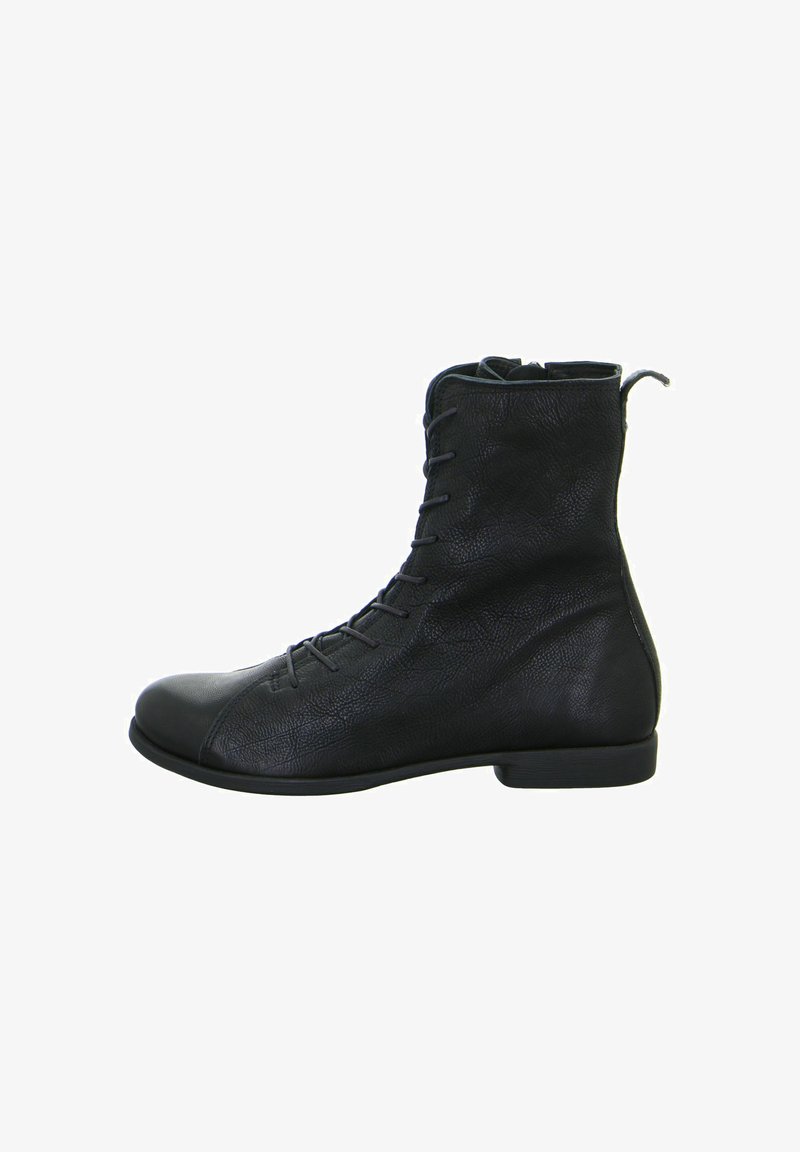 Black leather ankle boot with a textured finish, lace-up design, rounded toe, flat sole, and a small pull tab at the back.