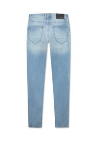 Ljusblå jeans i denim med en blekt tvätt, två bakfickor och en etikett på midjan. Passformen är smal med en slät textur.