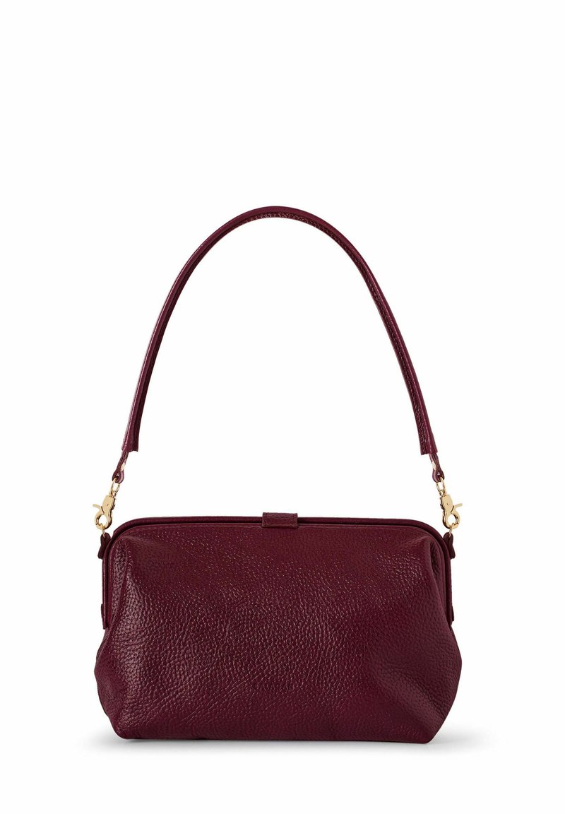 Bordo odinė rankinė su tekstūruotu paviršiumi, trumpa rankena ir auksiniais detalėmis. Įrengta užtrauktuku uždaroma sagtis ir apvali forma.