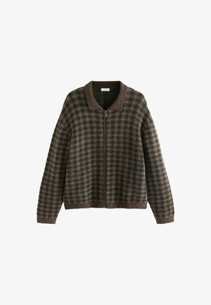 Brown and green checked jacket with a zip closure, ribbed collar and cuffs, made from textured fabric, featuring a relaxed fit.