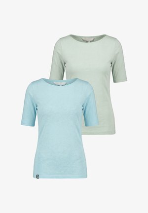 Two plain crew-neck t-shirts with short sleeves, one light blue in front and one light green behind it.