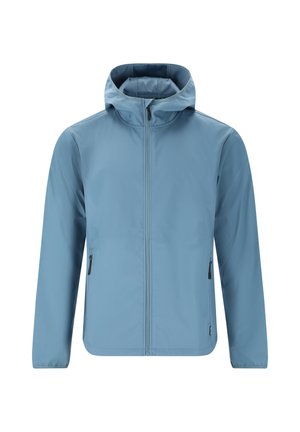 Lichtblauwe waterdichte jas met een capuchon, volledige ritssluiting aan de voorkant en twee zijzakken. Gladde textuur, minimalistisch ontwerp en geen zichtbare patronen.