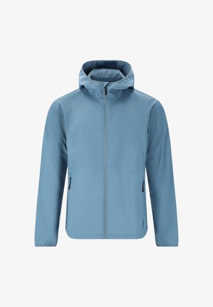 Lysblå vandtæt jakke med hætte, fuld frontlynlås og to sidelommer. Glat tekstur, minimalistisk design og ingen synlige mønstre.