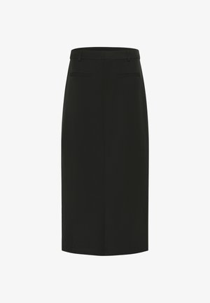 Black pencil skirt made of smooth fabric with a straight cut. Features a mid-rise waistband and two back pockets. Simple and unadorned design.