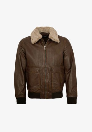 Braune Leder-Bomberjacke mit beigem Lammfellkragen, Reißverschluss vorne, zwei Klappentaschen sowie gerippten Bündchen und Saum.