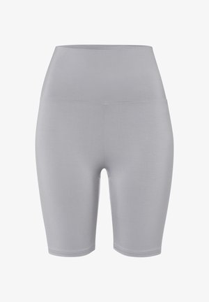 Grå højtaljede biker shorts lavet af strækbart, glat stof med en tætsiddende pasform og sømløs konstruktion for komfort.