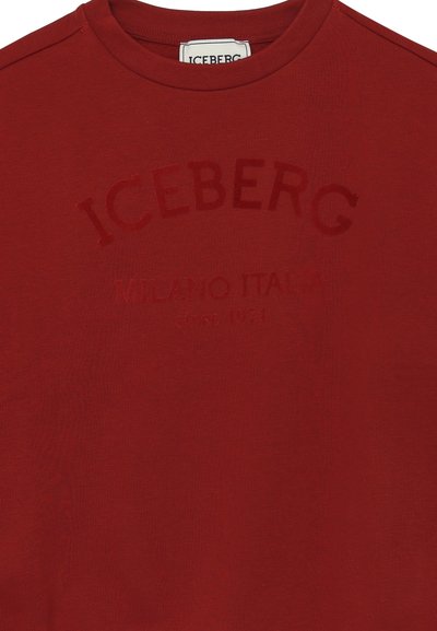 T-shirt di cotone rosso con scollo rotondo e logo "ICEBERG" in rilievo, con una texture sottile e dettagli testuali aggiuntivi sottostanti.