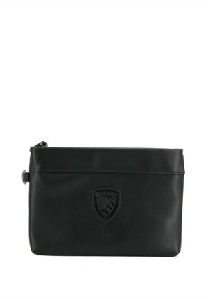 Bustina rettangolare in pelle nera con chiusura a zip e patch in rilievo con logo Blauer centrato sul davanti.
