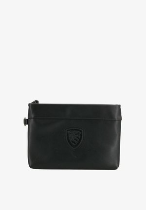 Bustina rettangolare in pelle nera con chiusura a zip e patch in rilievo con logo Blauer centrato sul davanti.