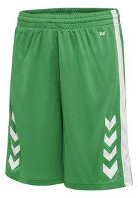 Gröna träningsshorts tillverkade av slätt syntetmaterial. Har vita ränder och chevronmönster på sidorna. Elastisk midja.