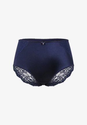 Mutande alta in vita di colore blu navy realizzate in tessuto a coste, con dettagli in pizzo sui lati e un piccolo fiocco sul davanti. Il pizzo aggiunge una texture distintiva.