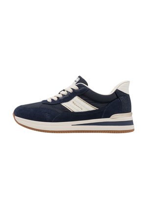 Marineblå og hvid lavtop-sneaker med hvide snørebånd og sål i gummi, designet til afslappet brug.