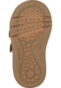 Suela de goma marrón con un patrón de bultos circulares de diferentes tamaños, marcada con "SISTEMA FLEXY" y "PATENTE ITALIANA", con acolchado suave.