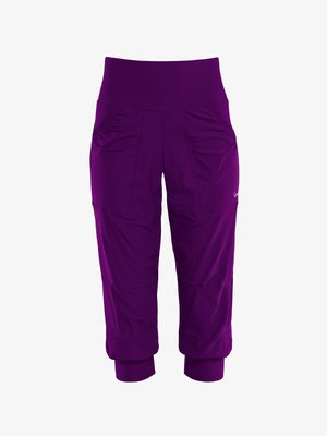 Purple capri pants with a high waistband, two side pockets, and gathered detailing at the hem. Made of stretchy, lightweight fabric.