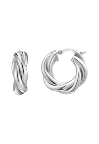 Orecchini in argento con un design attorcigliato; uno ha uno stile a cerchio, mentre l'altro è un piccolo orecchino a perno attorcigliato. Superficie lucida e riflettente.