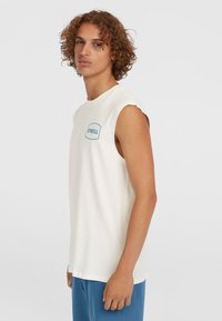 White sleeveless cotton t-shirt with O'Neill logo in aqua on the left chest, featuring a relaxed fit and soft texture.