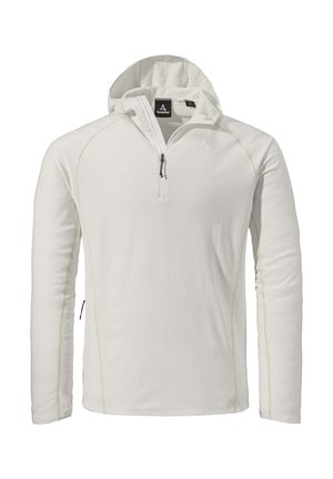 Weißer leichter Pullover mit einem halben Reißverschluss-Kragen, verstellbarer Kapuze und kontrastierenden Nähten. Verfügt über lange Ärmel und ein Etikett am Hals.