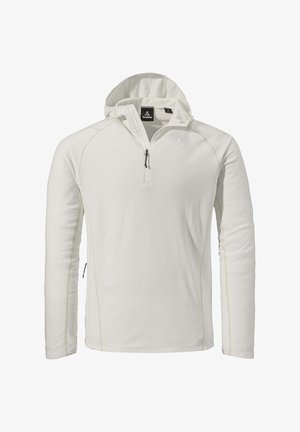 Weißer leichter Pullover mit einem halben Reißverschluss-Kragen, verstellbarer Kapuze und kontrastierenden Nähten. Verfügt über lange Ärmel und ein Etikett am Hals.