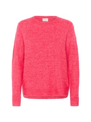Pull en tricot rose vif avec un col rond et des manches longues. Texture douce, coupe décontractée et détails en bord côtes. Étiquette de marque visible au niveau du col.
