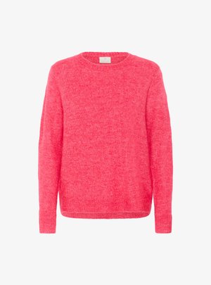 Hot pink knit sweater with a crew neckline and long sleeves. Soft texture, relaxed fit, and ribbed hem detailing. Brand label visible at the neck.