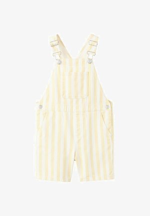 Gelb-weiße, vertikal gestreifte kurze Overalls mit Fronttasche und verstellbaren Trägern mit Schnallen.